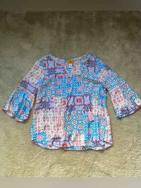 Ruby Rd. Women's Blue Pink Damask Tapestry Print V-Neck Top w/ Tassels - M - EUC